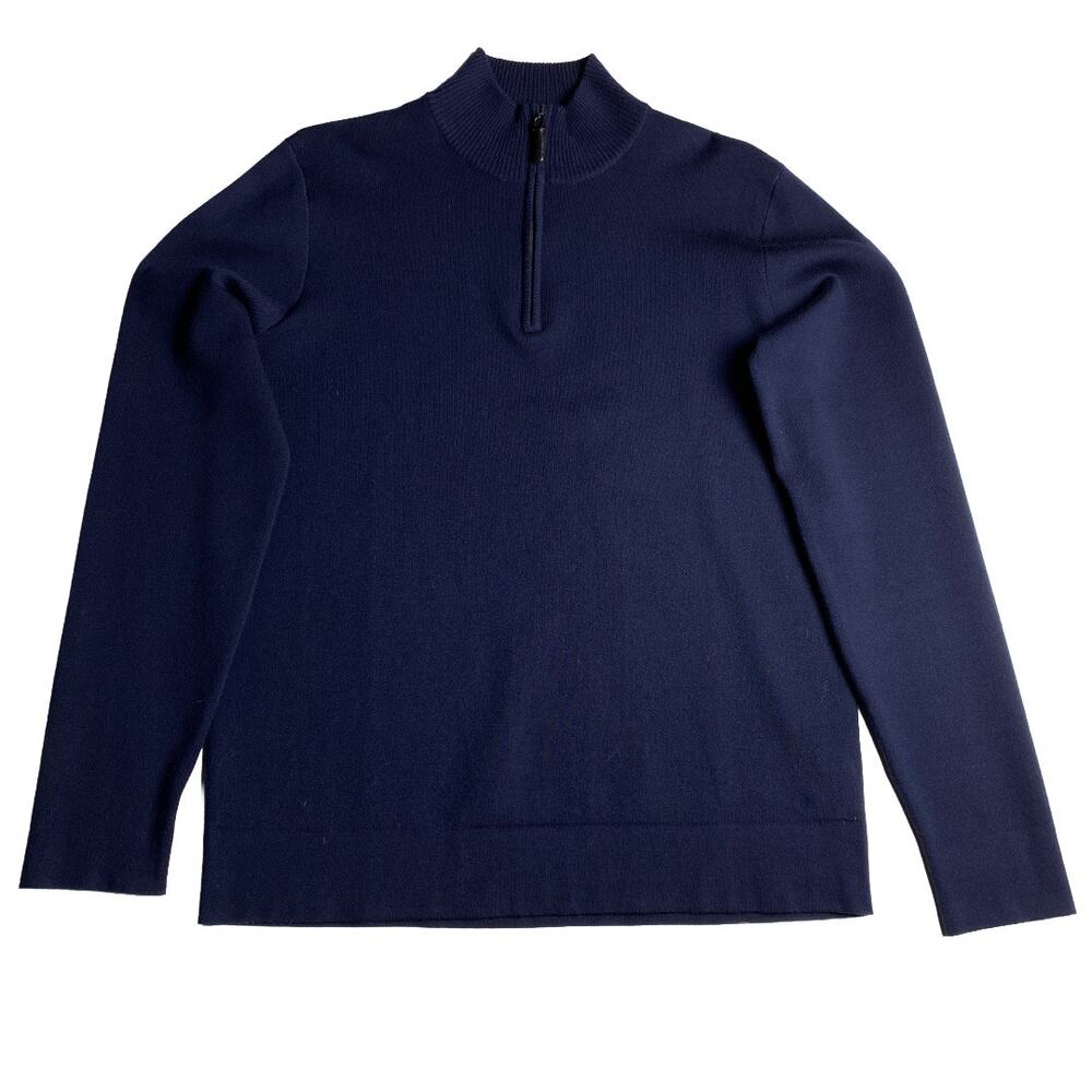 Saks Fifth Avenue Mens Navy Quarter Zip Merino Wool Blend Sweater